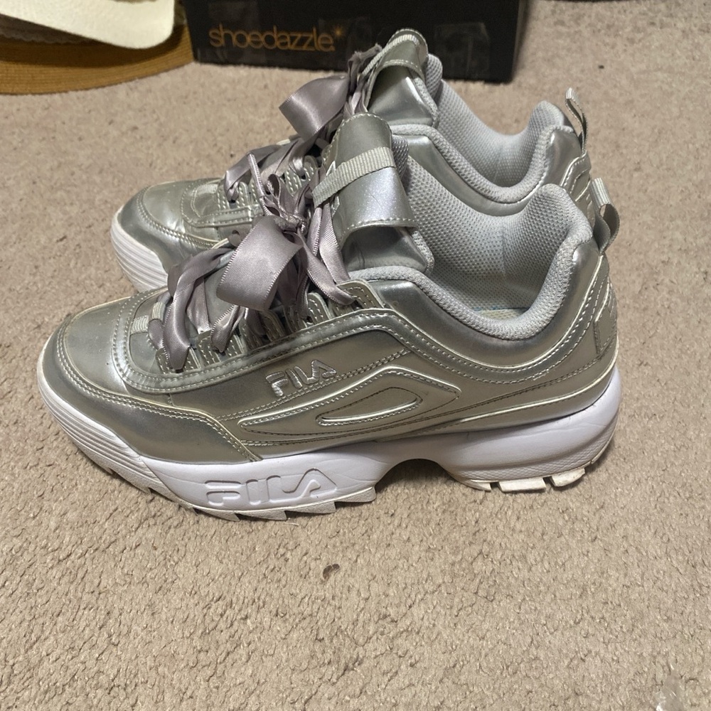 FILA Women's Silver Metallic Platform Sneakers with Ribbon Laces